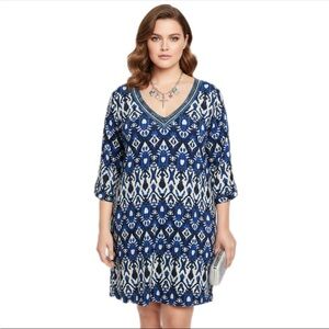 Ace Fashion Beaded Neckline Batik Mini Dress Beach Coastal Boho Coastal Navy L